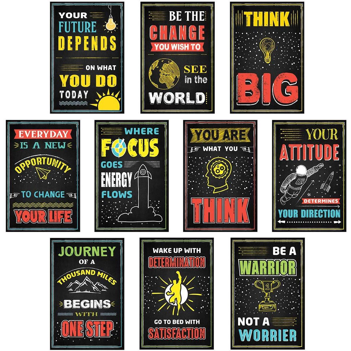 Chaka Chaundh Motivational Inspirational Abstract Wall Posters For Boys Room (18 Inches X 12 Inches , Chalkboard - Black , Set Of 10)
