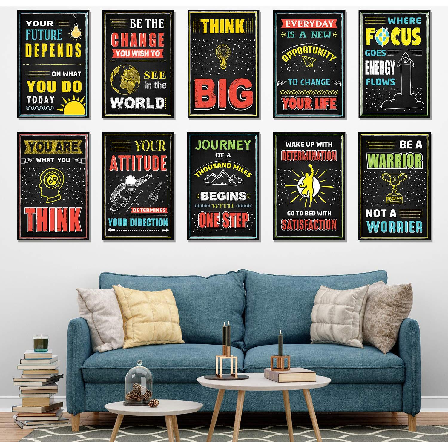 Chaka Chaundh Motivational Inspirational Abstract Wall Posters For Boys Room (18 Inches X 12 Inches , Chalkboard - Black , Set Of 10)