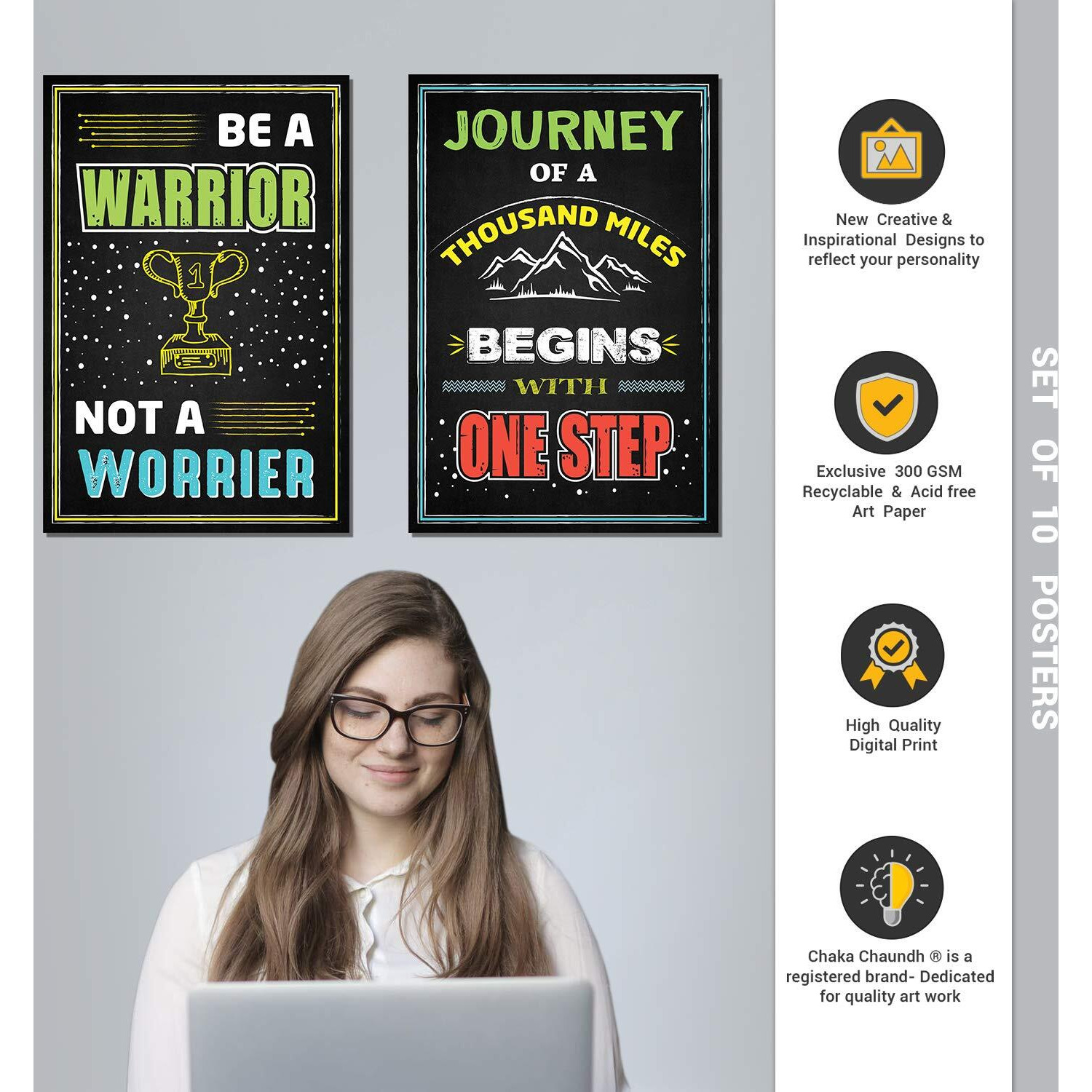 Chaka Chaundh Motivational Inspirational Abstract Wall Posters For Boys Room (18 Inches X 12 Inches , Chalkboard - Black , Set Of 10)