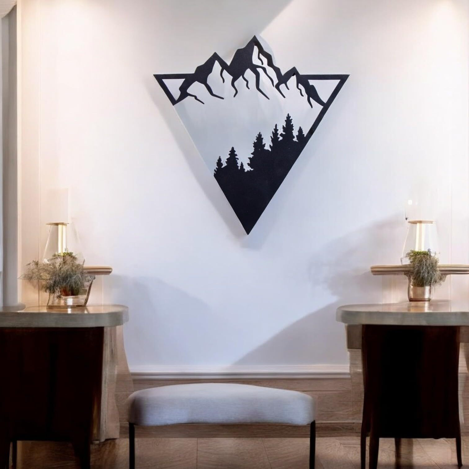 Homley  Triangle Mountain Forest Metal Wall Art Unique Geometric Wall Decor 3D Shadow Effect Durable Iron Ideal For Living Room Bedroom Office Minimalist Blackmountain&Tree Silhouette Nature Inspired