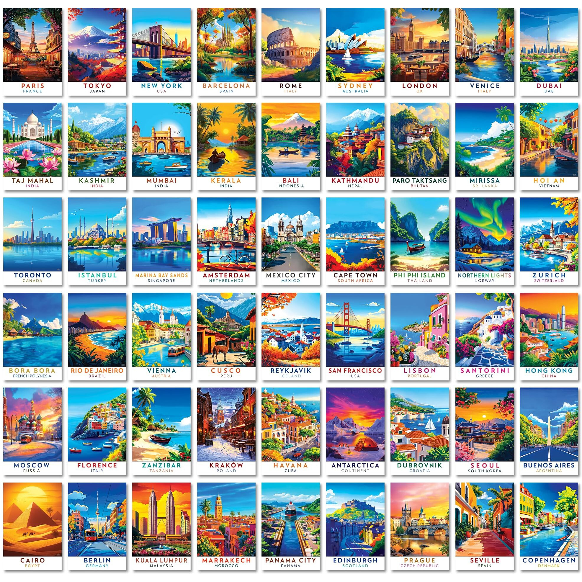 Memorable Travel Posters For Wall Decor | Top 54 Famous Travel Cities Wall Art | A Gift For Traveler | 54 Nos Postcard Size 4X6