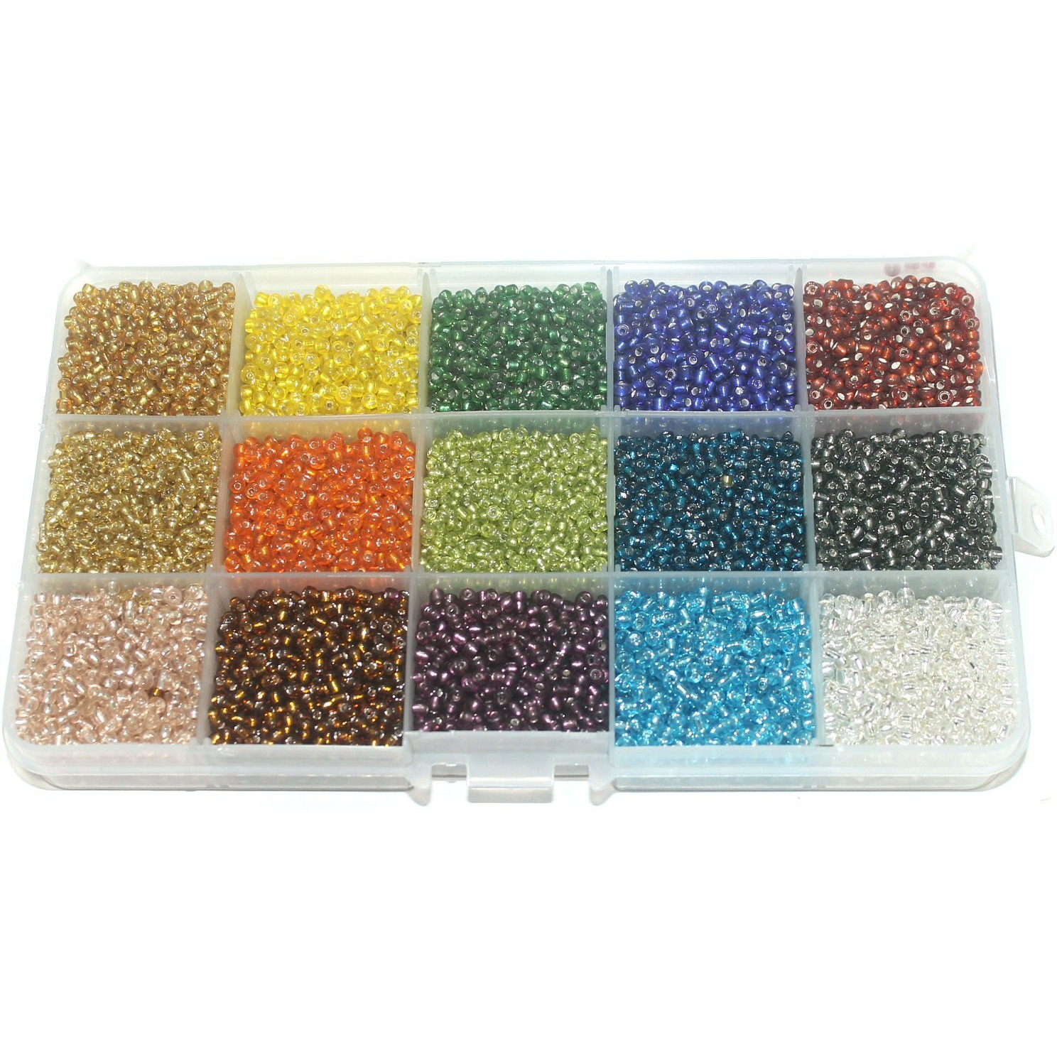 Beadsnfashion Seed Beads Silver Line Diy Kit With Beads Storage Box & 10 Mtrs Nylon Thread  15 Colors (Size 11/0, 2.0 Mm) For Jewellery Making, Beading, Arts & Crafts, And Embroidery