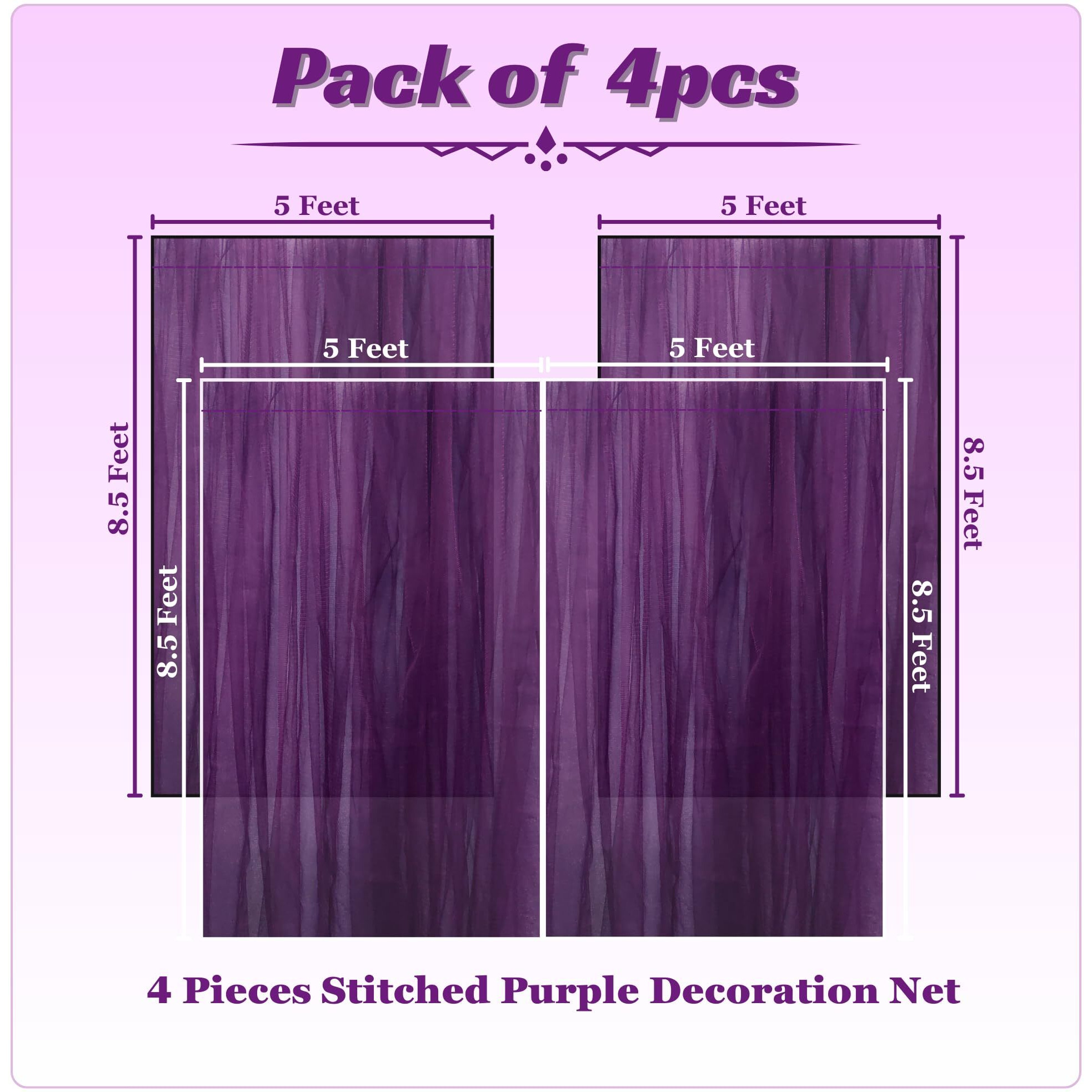 1Iam 4Pcs Purple Decoration Net Curtains - Large Size, Stitched With Ribbon, Nylon Made, Reusable, Soft, Wrinkled Free, 8.5X5Ft Each, Backdrop Net For Birthday, Anniversary Party Decoration