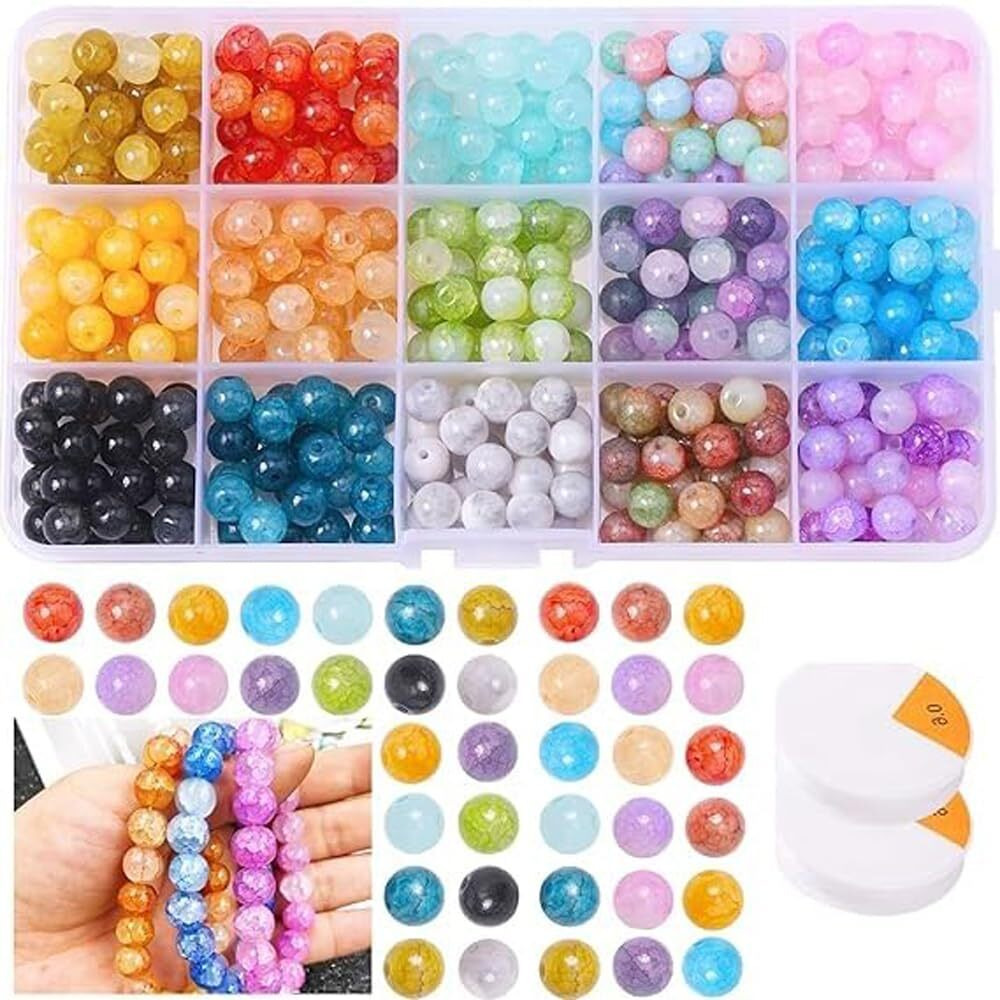 Beads N Fashion 375 Pcs 8Mm Double Tone Crackle Round Glass Beads 15 Cavity Plastic Box Kit With 2 Rolls Elastic Thread For Bracelet Earring Necklace Jewellery Making Colorful Spacer Beads For Diy Crafts Multicolor