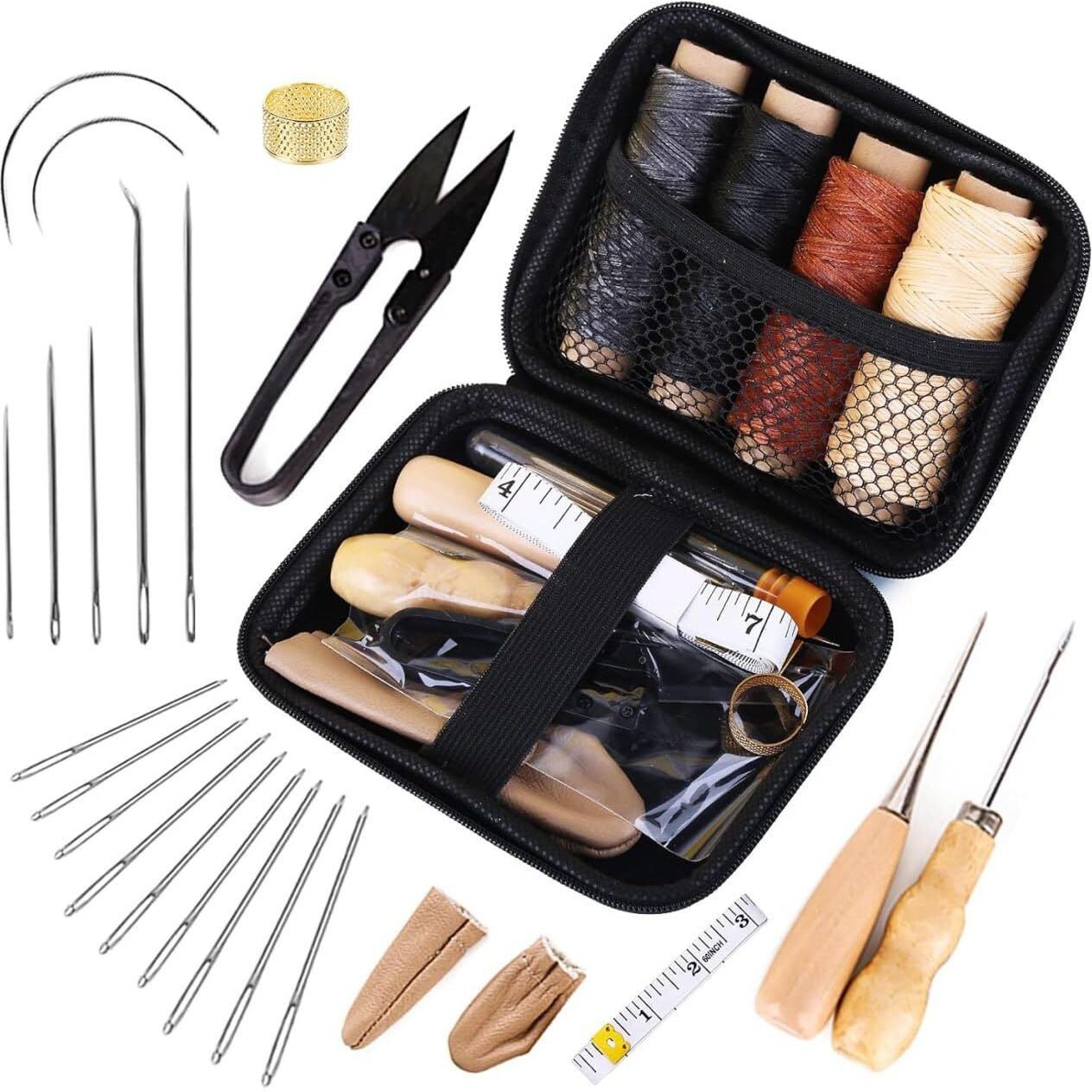 Sadruchi Leather Sewing Kit With Large-Eyed Needles, Waxed Thread, And Tools  Waxed Thread, Stitching Needles, Awl, Scissors, And Tools Diy And Upholstery Repair Kit With Storage Bag