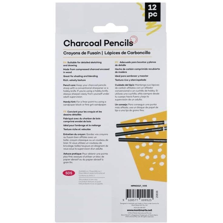 Artbee Complete Set Of Charcoal Pencil With 12 Charcoal Pencils In The Package Including 6 Soft Pencils, 4 Pencils Of Medium And 2 Hard Pencils