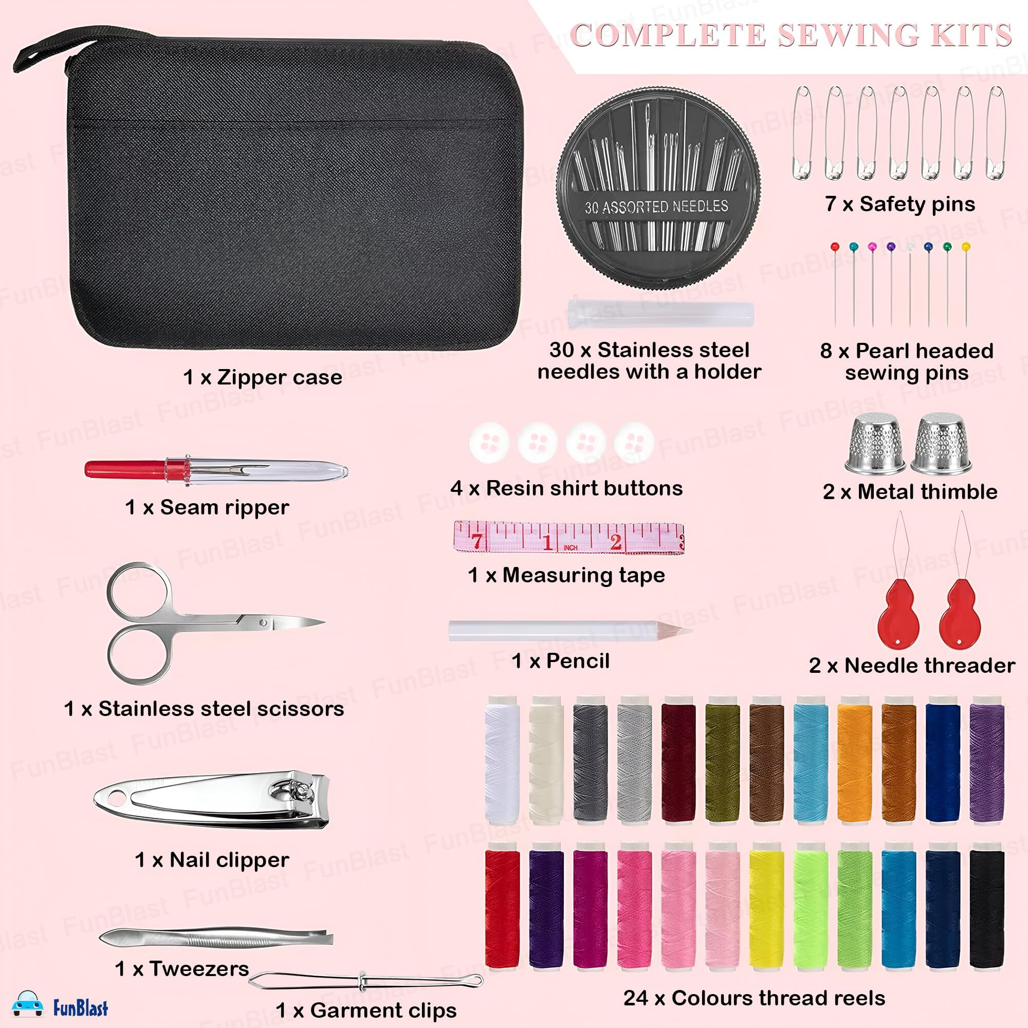 Funblast 97 Pcs Sewing Kit, Needle And Thread Box, Small & Portable Travel Sewing Kits Box, Tailoring Accessories, Emergency Stitching Kit, Travel Sewing Box, Stitching Items Box For Home, Ladies