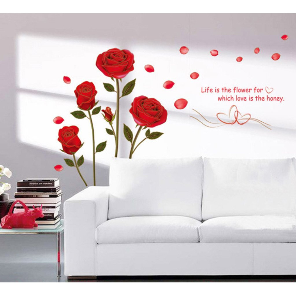 Decals Design 'Romantic Rose Flowers' Wall Sticker (Pvc Vinyl, 50 Cm X 70 Cm, Multicolour)