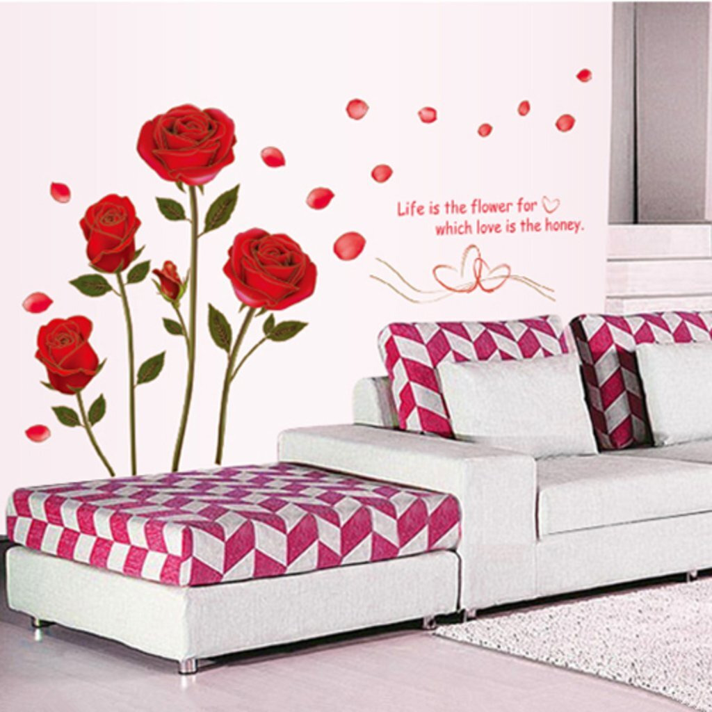 Decals Design 'Romantic Rose Flowers' Wall Sticker (Pvc Vinyl, 50 Cm X 70 Cm, Multicolour)