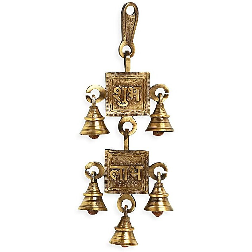 Exclusivelane 'shubh Labh' Hand-Etched Brass Wall Dcor Hanging With Bells For Home Entrance Door Decoration (Pure Brass, 0.3 Kg) | Hanging Bells For Decoration Ghanti For Pooja Temple
