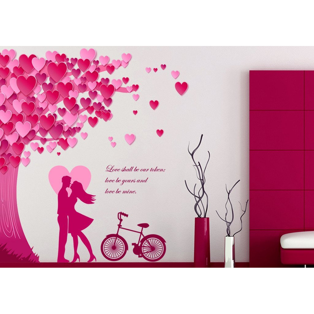 Decals Design 'Romantic Couple Under The Heart Leaves Tree And Love Quote With Bicycle' Wall Sticker (Pvc Vinyl, 90 Cm X 60 Cm, Multicolour)