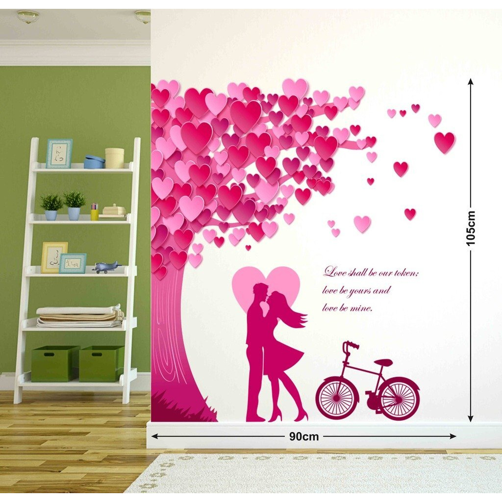 Decals Design 'Romantic Couple Under The Heart Leaves Tree And Love Quote With Bicycle' Wall Sticker (Pvc Vinyl, 90 Cm X 60 Cm, Multicolour)