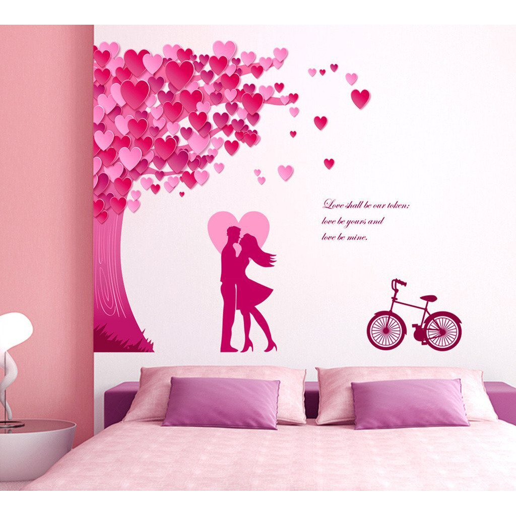 Decals Design 'Romantic Couple Under The Heart Leaves Tree And Love Quote With Bicycle' Wall Sticker (Pvc Vinyl, 90 Cm X 60 Cm, Multicolour)