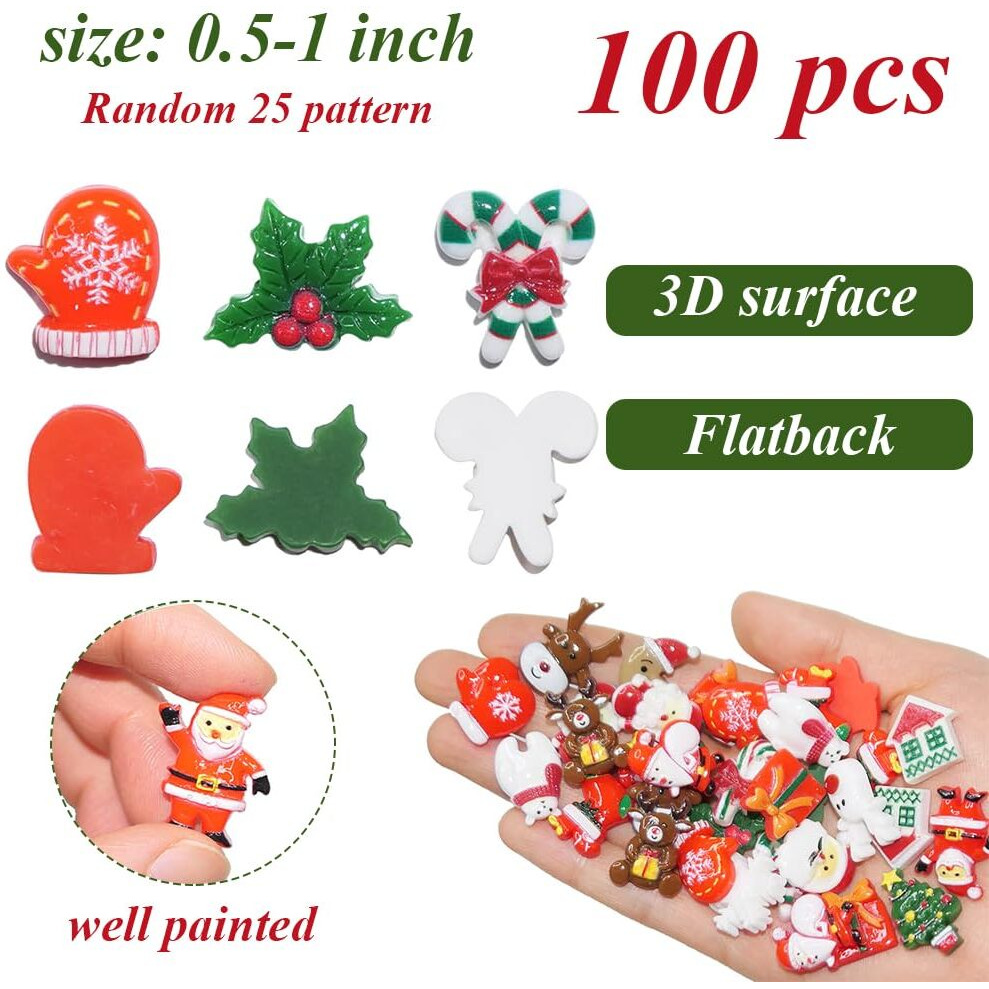 Venzina 100Pcs Christmas Resin Charms For Home Christmas Decorations Items Assorted Small Flatback Ornaments Charms For Xmas Tree,Home Decor,Wall Window Diy Crafts Gifts
