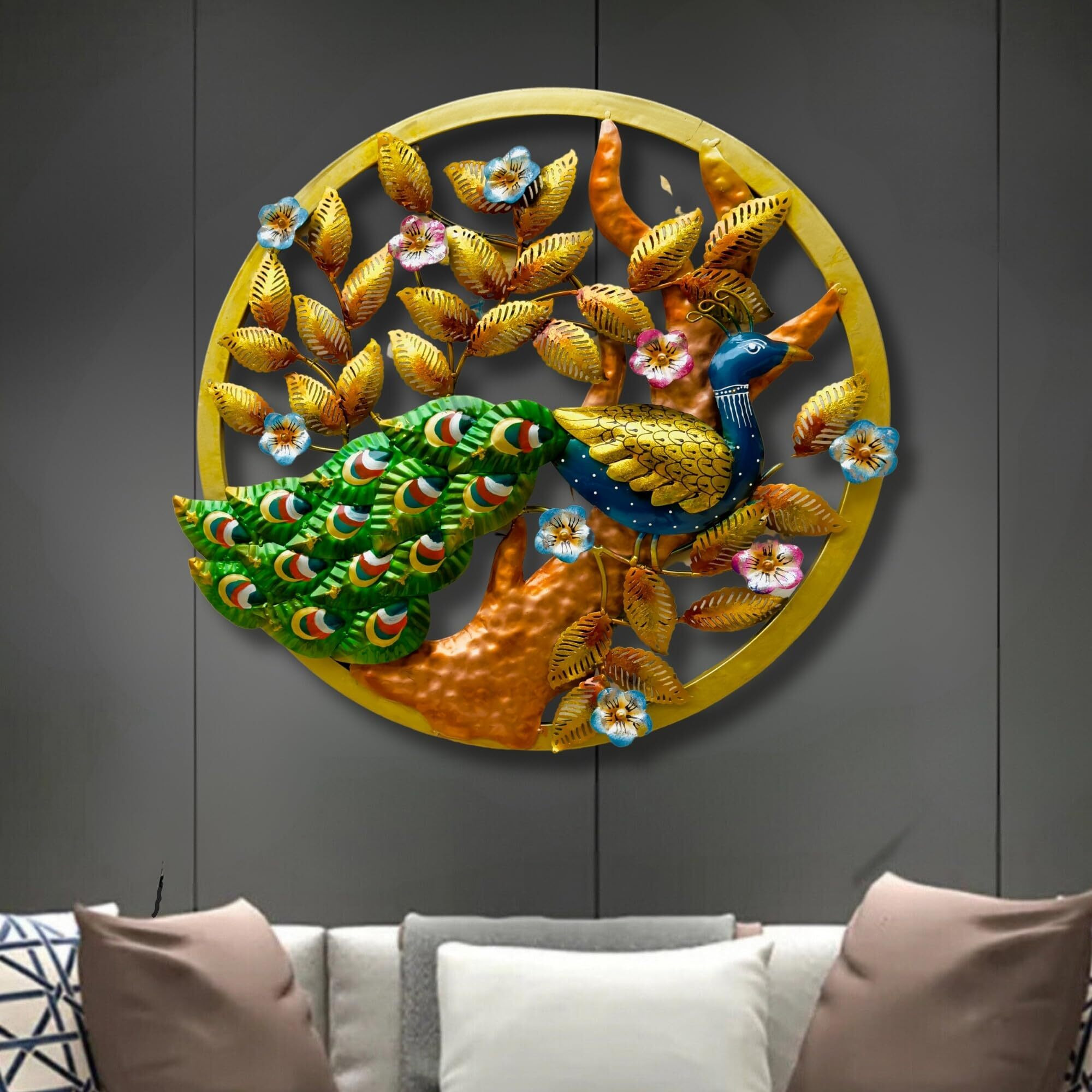 Rsn Metal Peacock Wall Decor For Living Room/Wall Decoration Items With Leafs/Wall Sculpture(Peacock In Circle) With Led Lights | Multicolor Size (24 X2 X24) Inch