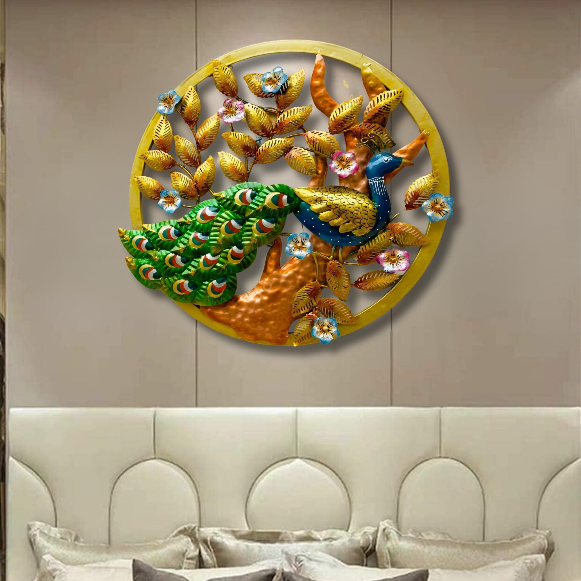 Rsn Metal Peacock Wall Decor For Living Room/Wall Decoration Items With Leafs/Wall Sculpture(Peacock In Circle) With Led Lights | Multicolor Size (24 X2 X24) Inch