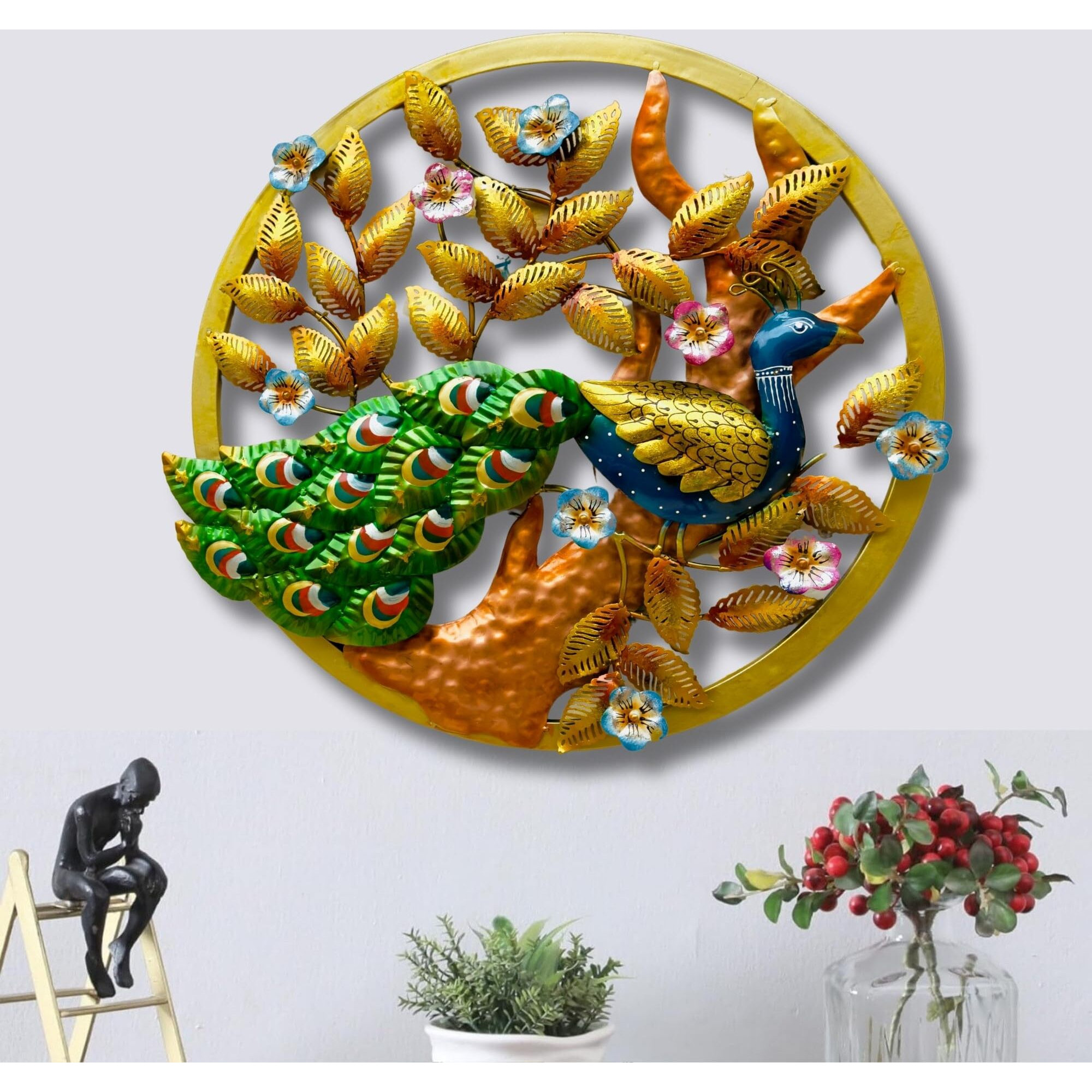 Rsn Metal Peacock Wall Decor For Living Room/Wall Decoration Items With Leafs/Wall Sculpture(Peacock In Circle) With Led Lights | Multicolor Size (24 X2 X24) Inch