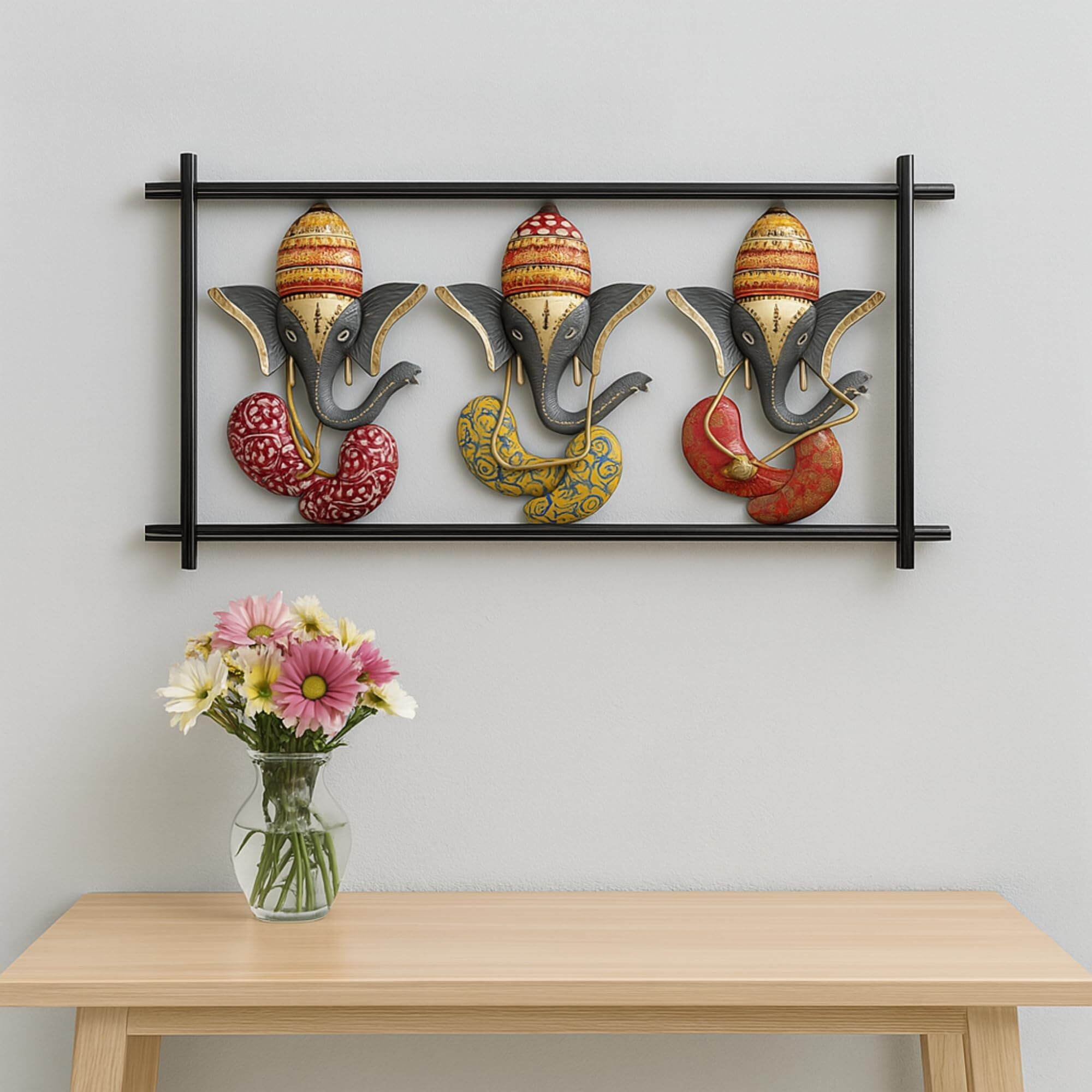 Rsn 3 Lord Ganesh Playing Music Metal Wall Decor/Wall Sculpture/Wall Hanging For Home Decoration (Size 24X12 Inch)