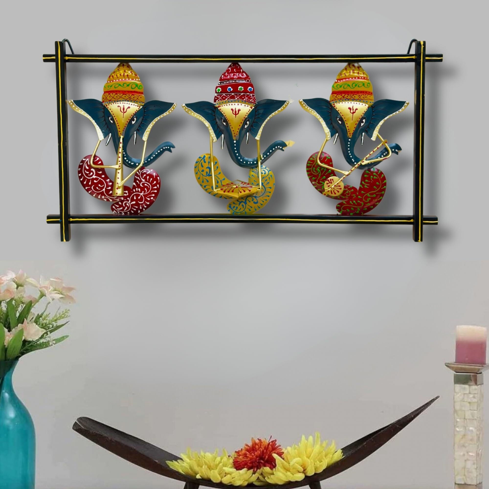 Rsn 3 Lord Ganesh Playing Music Metal Wall Decor/Wall Sculpture/Wall Hanging For Home Decoration (Size 24X12 Inch)