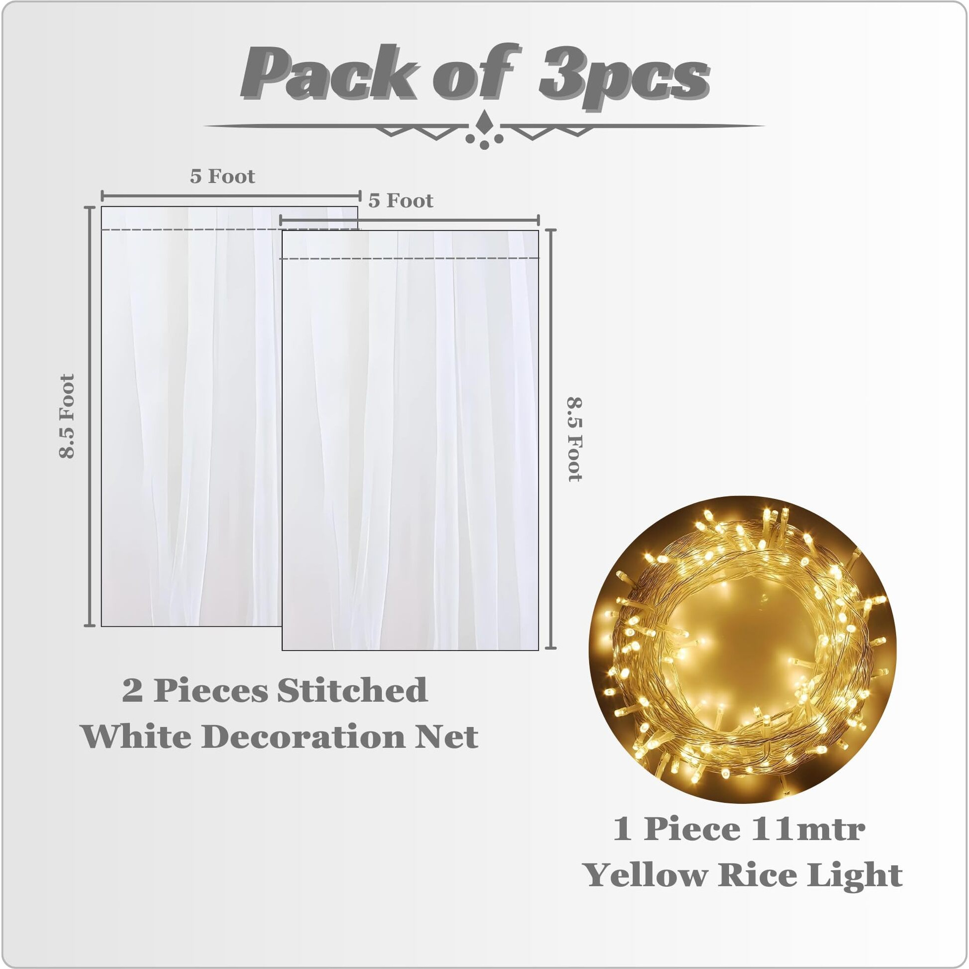 1Iam 3Pcs White Decoration Net Light Combo - 2Pcs Large, Stitched With Ribbon, Nylon Made, Reusable, Soft, Wrinkled Free, 8.5X5Ft Each, Backdrop Decor Net & 1Pc 11M Rice Light For Any Party Or Event