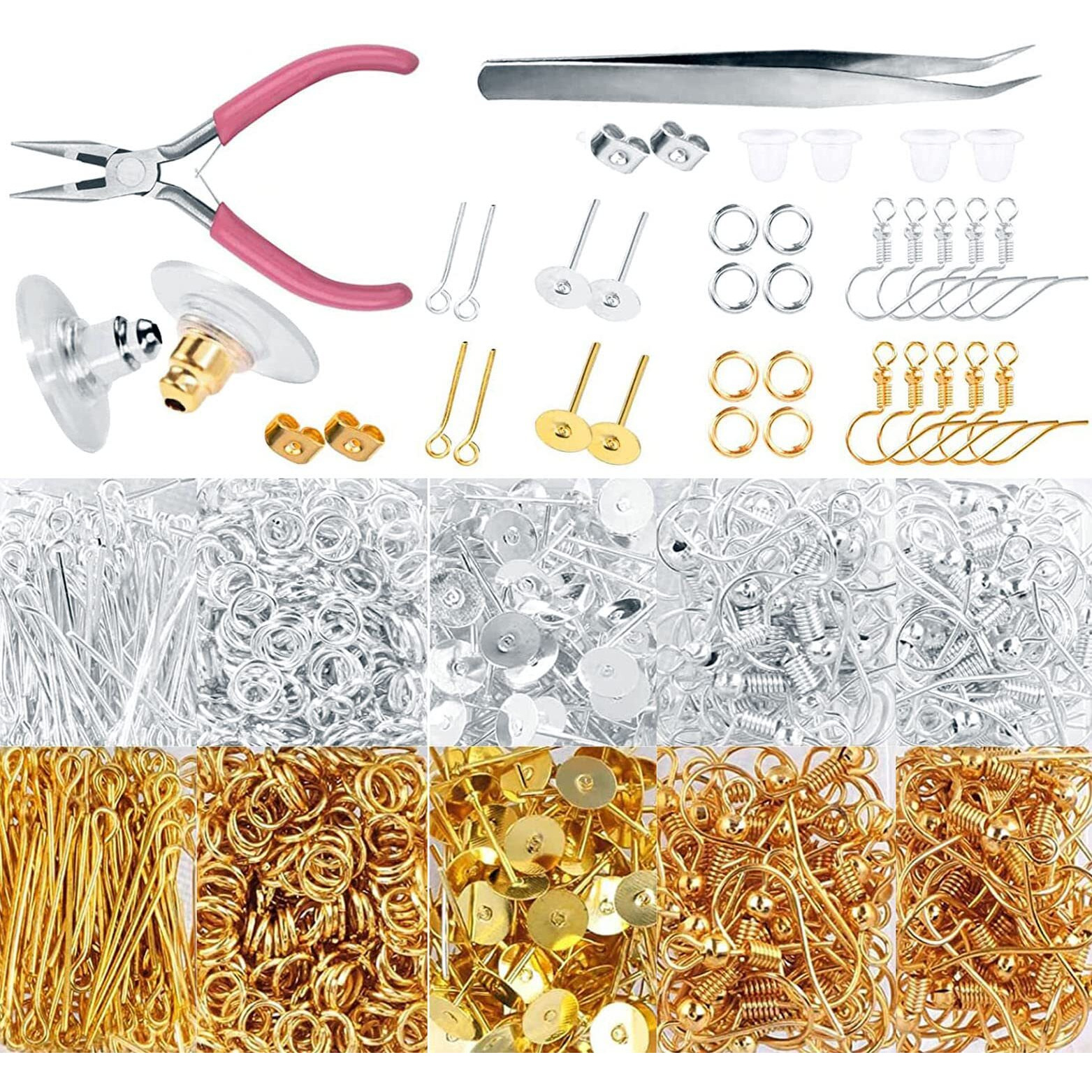 Diy Crafts 250 Gram, Silver, Earring Making Kit Supplies Earring Hooks, Earring Post, Earring Backs, Jump Rings, Eye Pin Jewelry Pliers Tool For Earring Kit Earri (250 Gram, Silver)