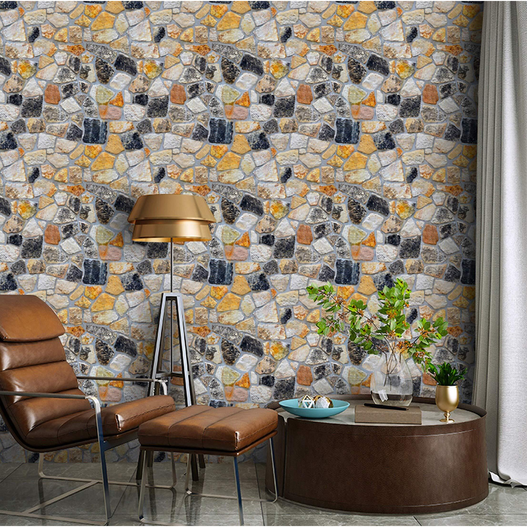 Wolpin Pvc Wall Stickers Diy 3D Stone Wallpaper (45 Cm X 10 M) Nature Rocks Restaurants, Living Room Design Self Adhesive Decals, Yellow