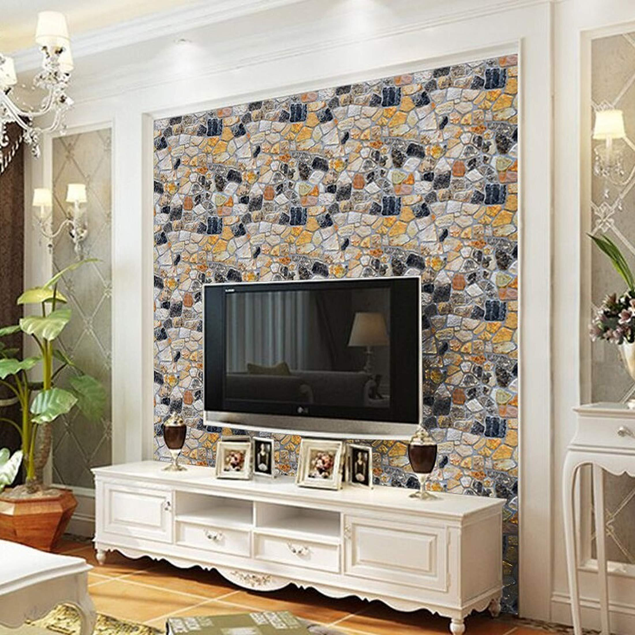 Wolpin Pvc Wall Stickers Diy 3D Stone Wallpaper (45 Cm X 10 M) Nature Rocks Restaurants, Living Room Design Self Adhesive Decals, Yellow