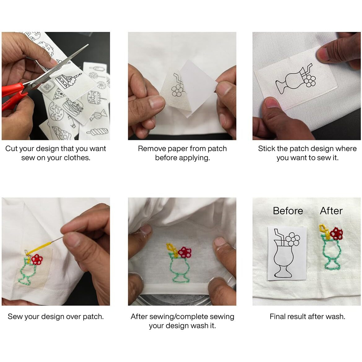 Embroiderymaterial Stick And Stitch Embroidery Patches Patterns, Water Soluble Wash Away Embroidery Transfer Stabilizer Paper With Pre-Printed Designs, Threads, Needle & Cutter For Hand Sewing