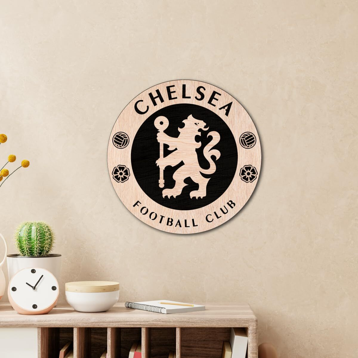 Tenorarts Chelsea Merchandise Wooden Logo Crest Wall Hanging Accessories Decor Art Pieces With Matt Finish Wooden Texture (12 Inches X 12 Inches)