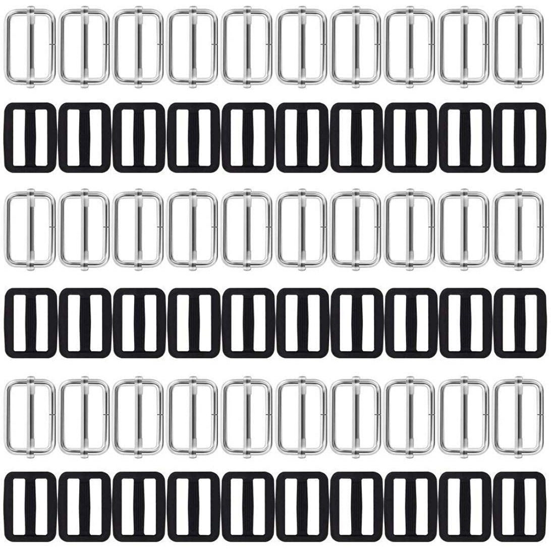 Diy Crafts 2" Inch Metal & Plastic Tri-Glides Rectangle Adjustable Webbing Slider Metal Silver/Black Nylon (50, Metal Silver Nylon Black Made)