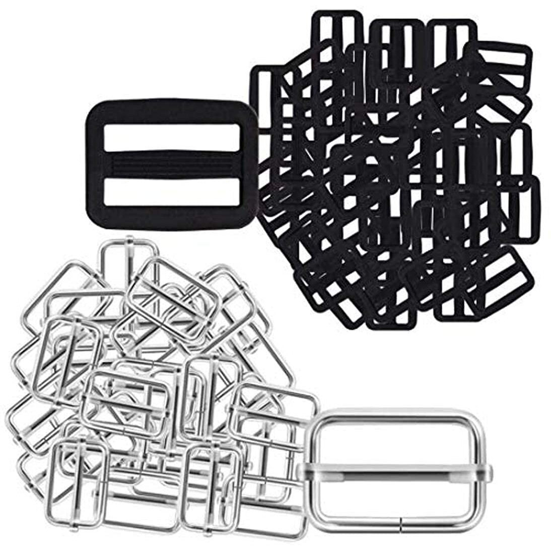 Diy Crafts 2" Inch Metal & Plastic Tri-Glides Rectangle Adjustable Webbing Slider Metal Silver/Black Nylon (20, Metal Made Silver)