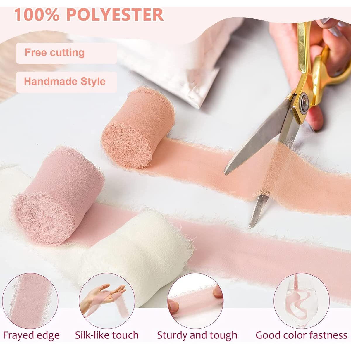 Palay 3 Rolls Chiffon Ribbons Fringe Fabric Silk-Like Ribbons For Gifts Wrapping, Wedding Invitations, Party Decor, Bridal Bouquets, Diy Crafts - 1.5" X7Yd Per Roll