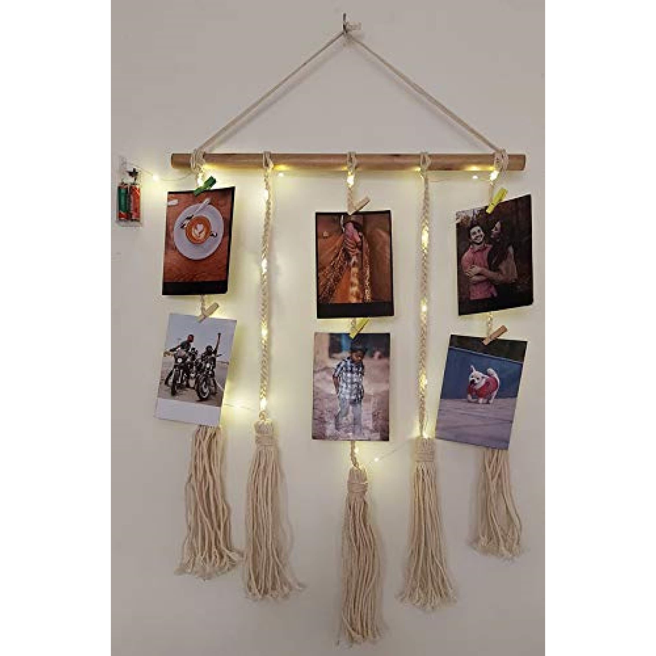 Vah Wood Photo Display Macrame Wall Hanging Pictures Organizer With Clips - Macrame 5 Line With Led Light