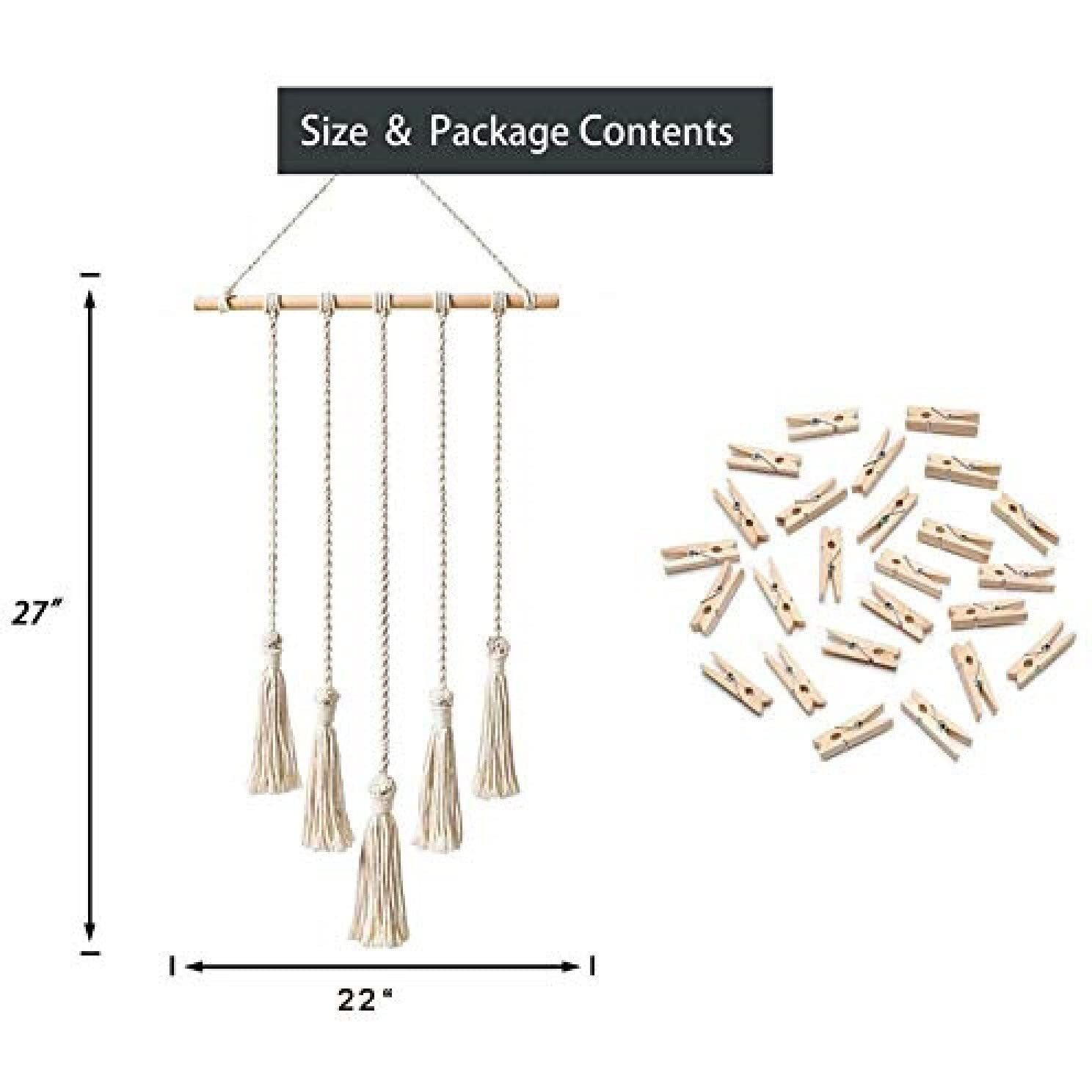 Vah Wood Photo Display Macrame Wall Hanging Pictures Organizer With Clips - Macrame 5 Line With Led Light