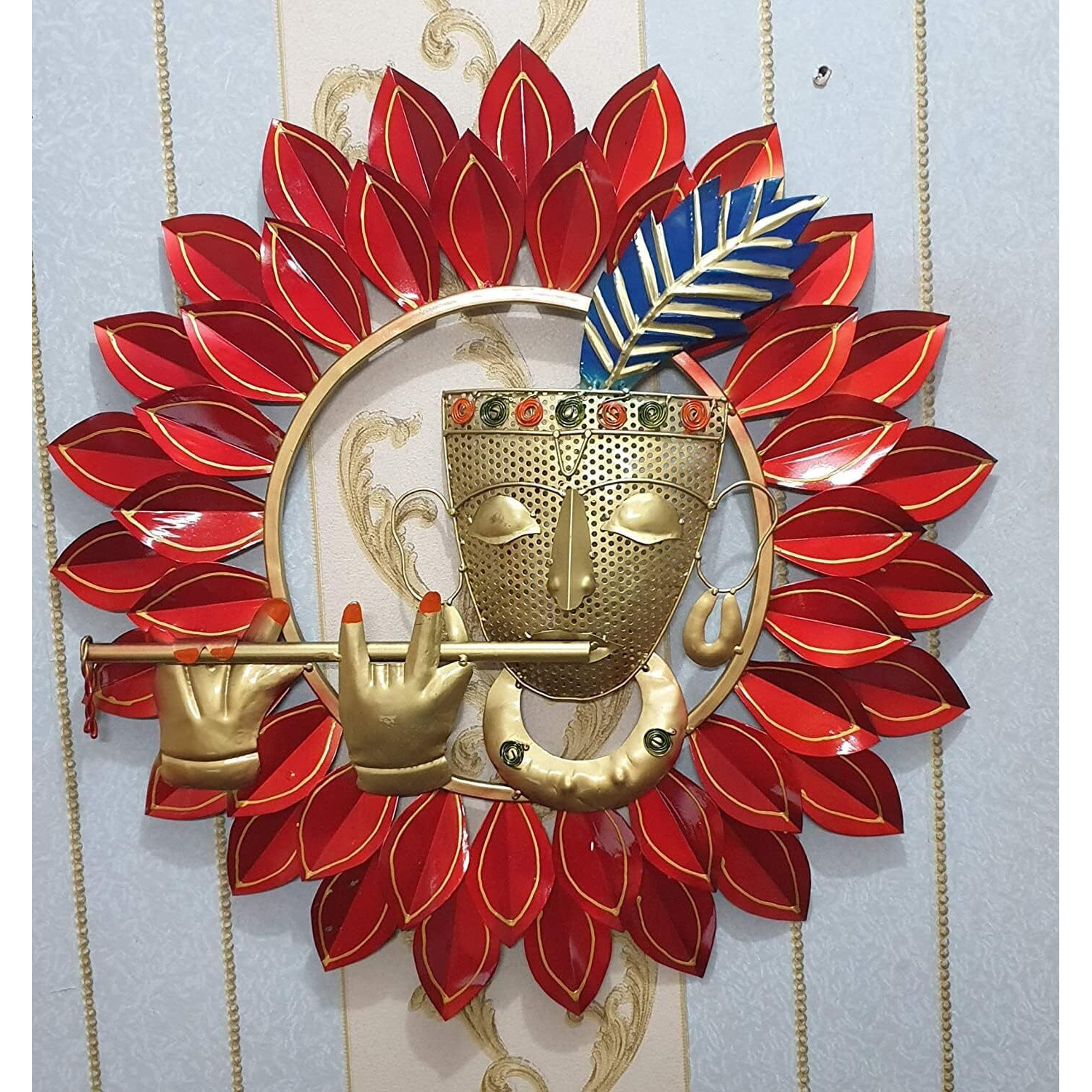 Anshika International Metal Krishna Playing Basuri Wall Art Frame Wall Hangings For Home Decoration Scenery Showpiece Wall Sculpture For Living Room Decorative Items (Size 23X23 In) Red