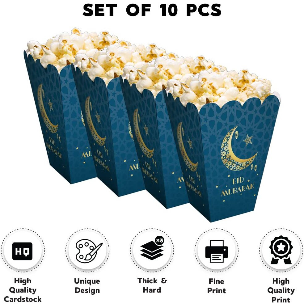 Festiko Set Of 10 Pcs Eid Mubarak Popcorn Boxes (Blue), Popcorn Boxes For Ramadan, Ramadan Decoration Items, Eid Decoration Items, Eid/Ramadan Party Supplies