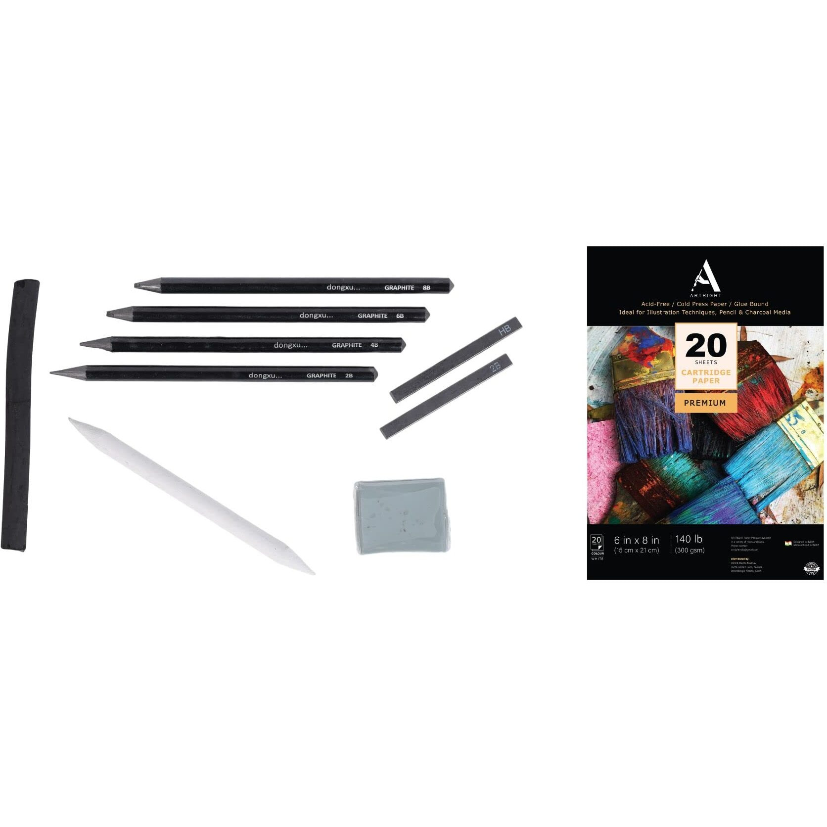 Artright Complete Artist Sketching & Drawing Tool Kit Of 20 A5 Sketching Sheets, 4 Graphite Pencils, 2 Compressed Charcoal Sticks, Blending Stump, Kneaded Eraser & Charcoal Block - 29 Pcs Sketch Set