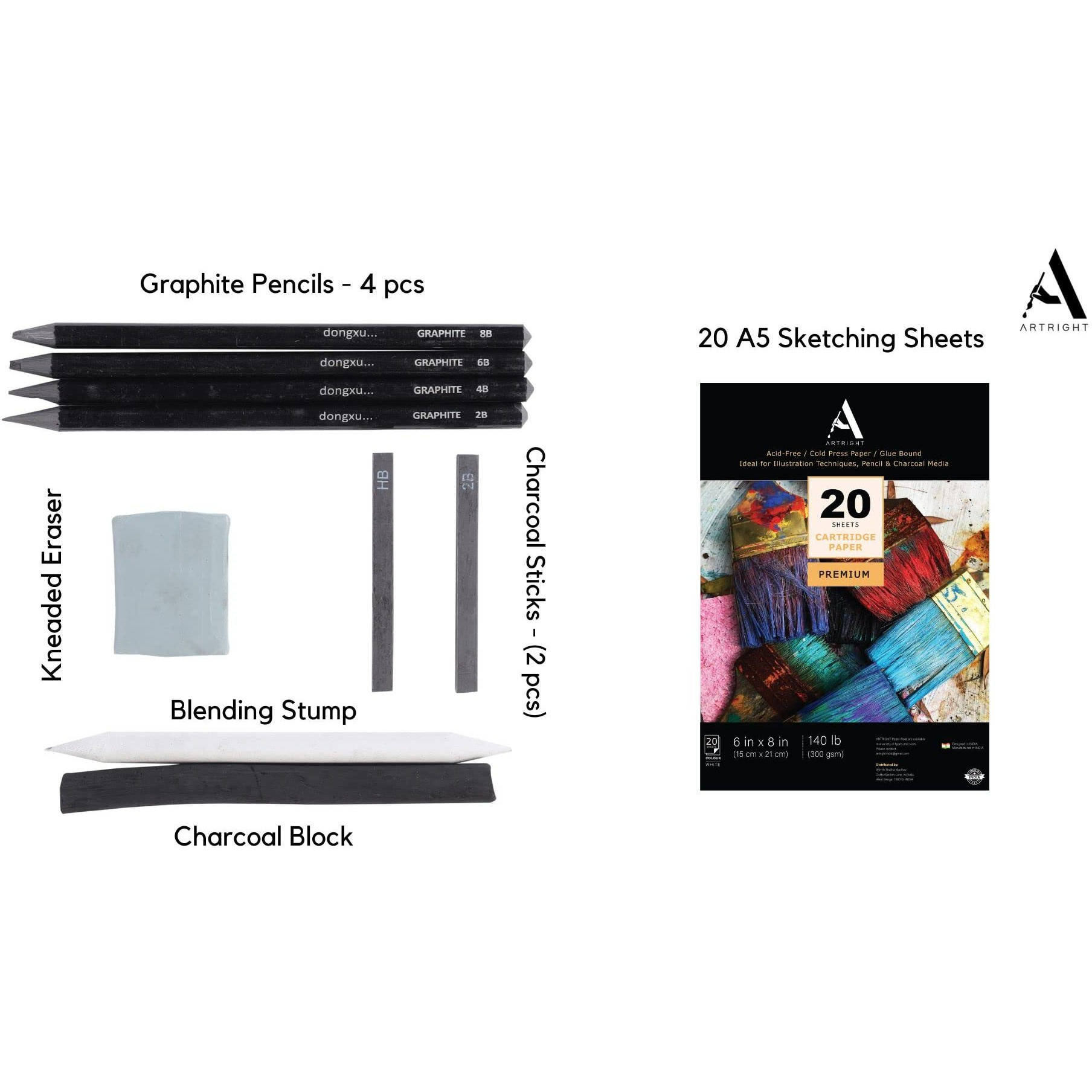 Artright Complete Artist Sketching & Drawing Tool Kit Of 20 A5 Sketching Sheets, 4 Graphite Pencils, 2 Compressed Charcoal Sticks, Blending Stump, Kneaded Eraser & Charcoal Block - 29 Pcs Sketch Set