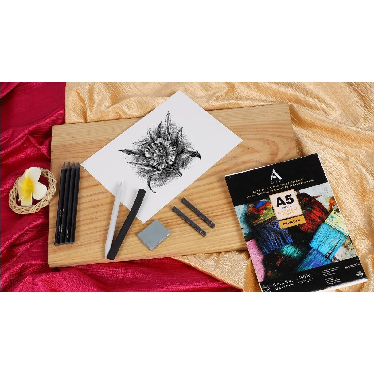 Artright Complete Artist Sketching & Drawing Tool Kit Of 20 A5 Sketching Sheets, 4 Graphite Pencils, 2 Compressed Charcoal Sticks, Blending Stump, Kneaded Eraser & Charcoal Block - 29 Pcs Sketch Set