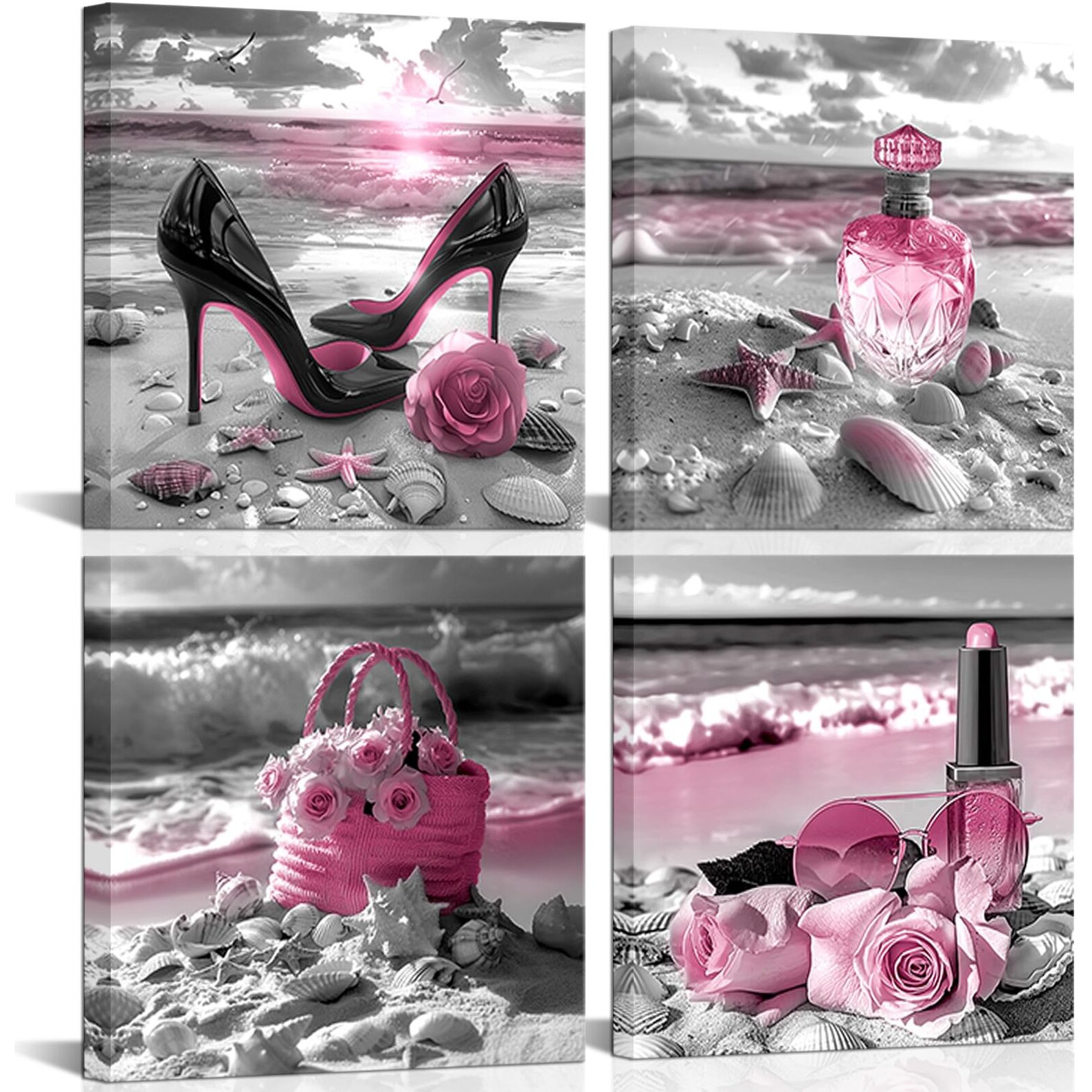 Lyerartork 4 Pieces Pink Makeup Room Canvas Wall Art Fashion Perfume High Heels Lipstick Beach Flower Picture Beauty Salon Woman Wall Decor Print Artworks For Bedroom Girls Room 12X12Inchx4
