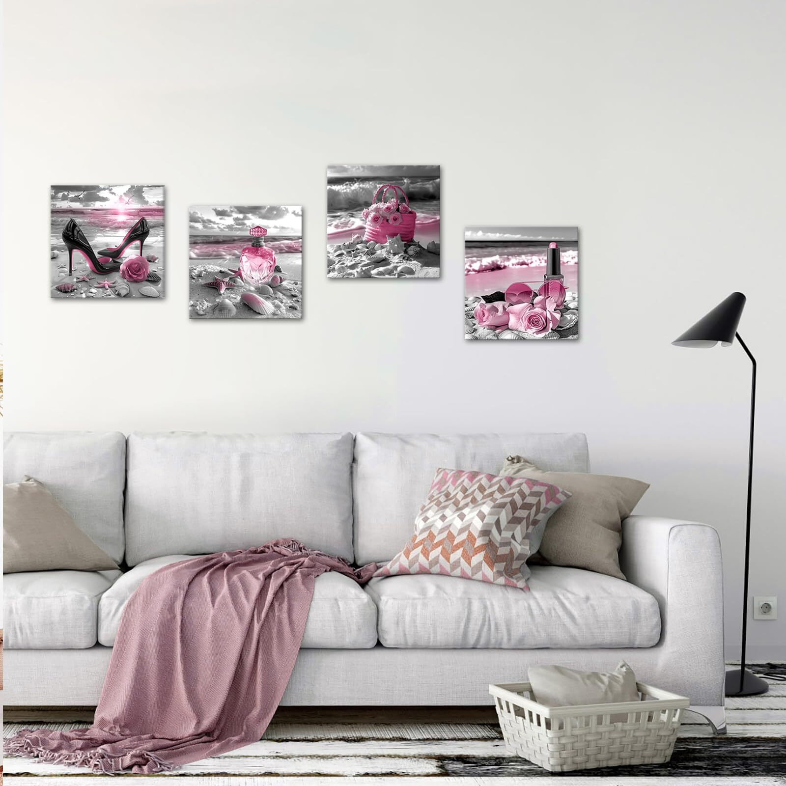 Lyerartork 4 Pieces Pink Makeup Room Canvas Wall Art Fashion Perfume High Heels Lipstick Beach Flower Picture Beauty Salon Woman Wall Decor Print Artworks For Bedroom Girls Room 12X12Inchx4
