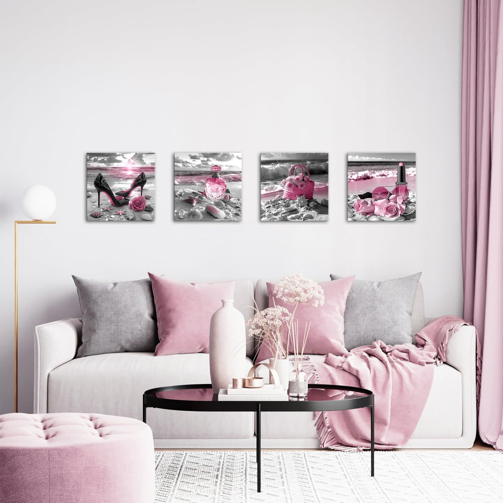Lyerartork 4 Pieces Pink Makeup Room Canvas Wall Art Fashion Perfume High Heels Lipstick Beach Flower Picture Beauty Salon Woman Wall Decor Print Artworks For Bedroom Girls Room 12X12Inchx4