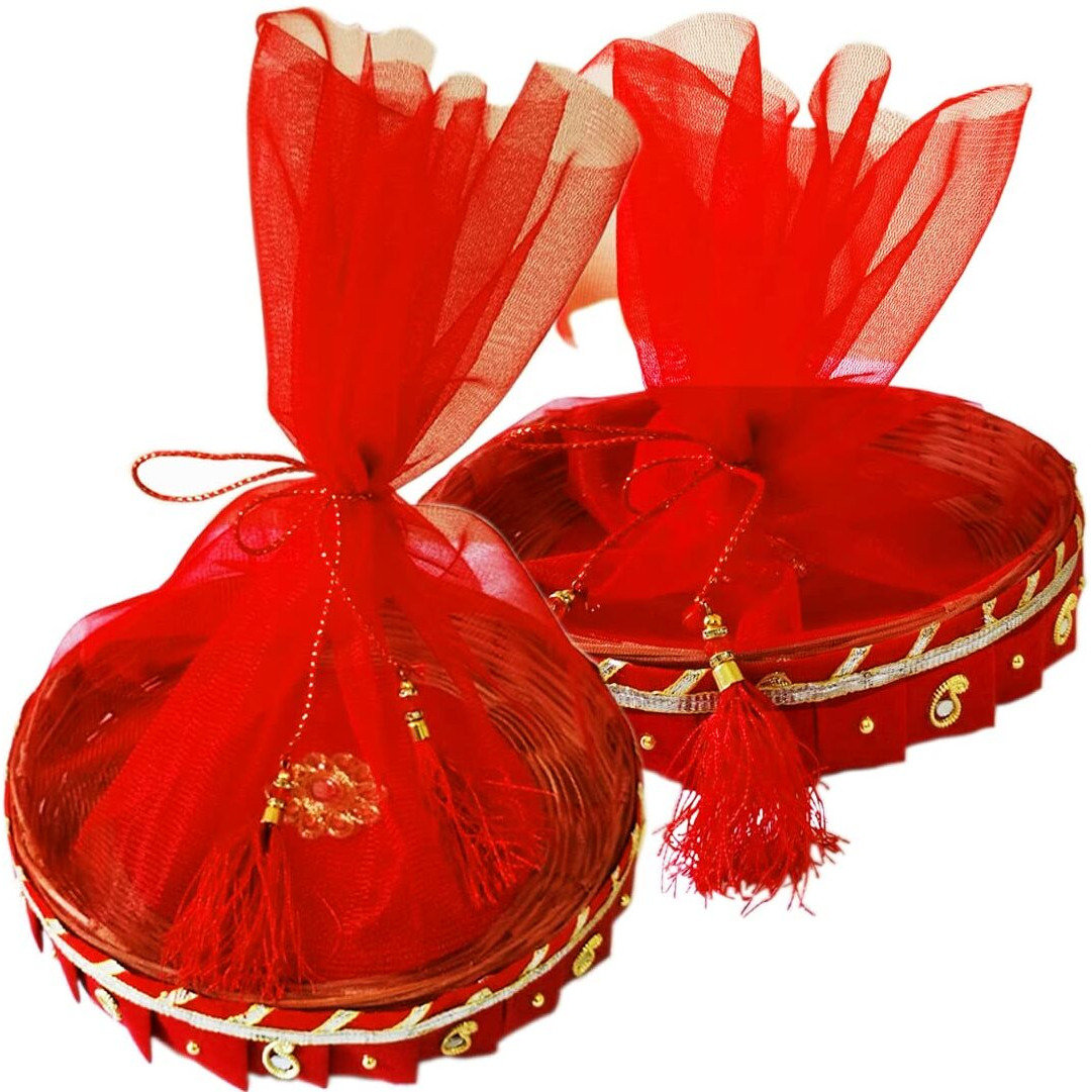 Bamboo Basket For Wedding Decorated Gift Packing | Return Gift | Occasional Gift | Dry Fruits| Sweets Packing (Size 9 L X 2 H) Pack Of 2
