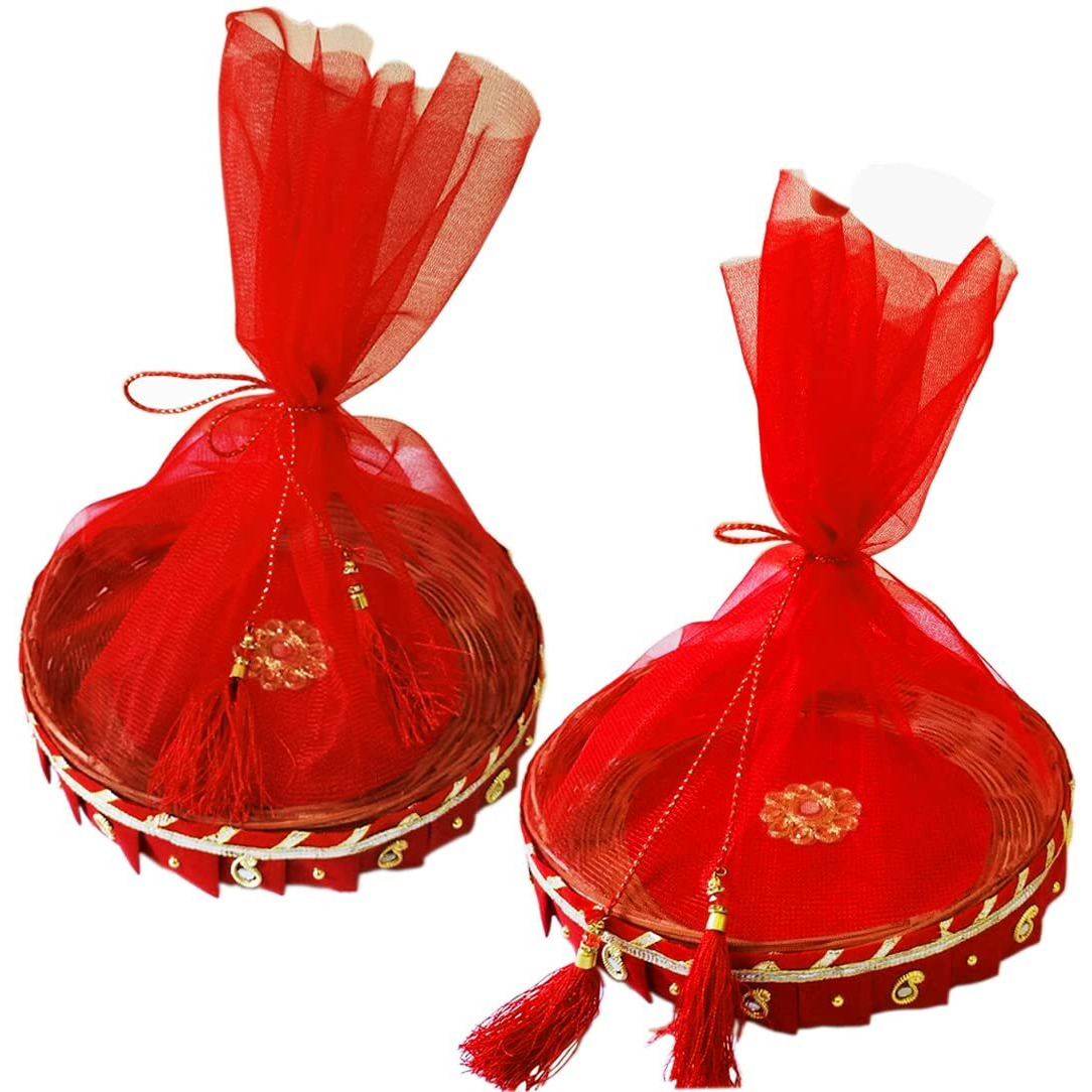 Bamboo Basket For Wedding Decorated Gift Packing | Return Gift | Occasional Gift | Dry Fruits| Sweets Packing (Size 9 L X 2 H) Pack Of 2