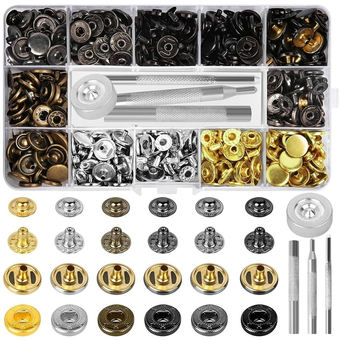 Hasthip 120 Sets Metal Snap Button And Tools Set, 12.5Mm Buttons For Clothes Snaps Press Studs With 4 Setter Tools, 6 Colors Leather Snap Button Tool Fasteners Kit For Jackets, Jeans, Bags
