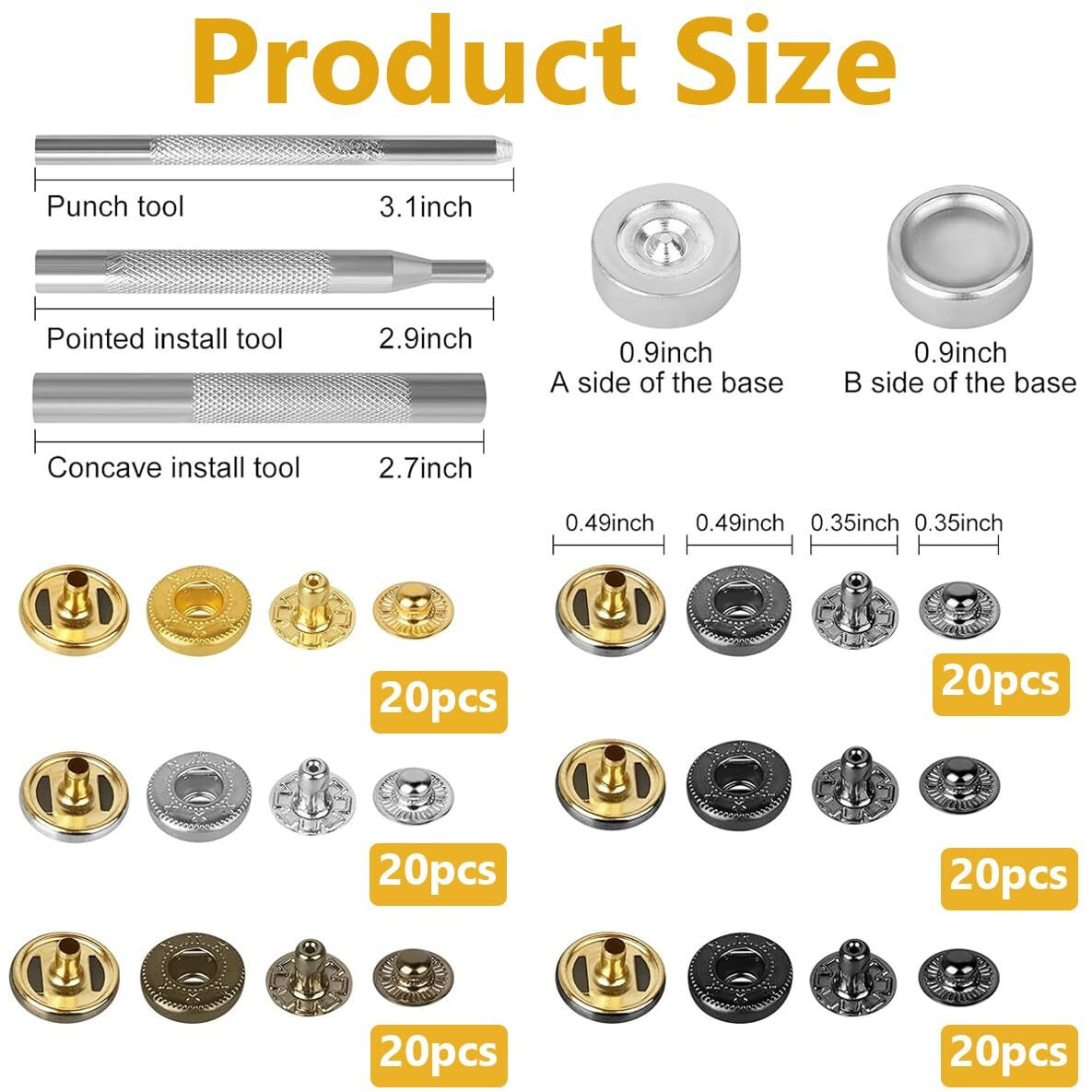 Hasthip 120 Sets Metal Snap Button And Tools Set, 12.5Mm Buttons For Clothes Snaps Press Studs With 4 Setter Tools, 6 Colors Leather Snap Button Tool Fasteners Kit For Jackets, Jeans, Bags