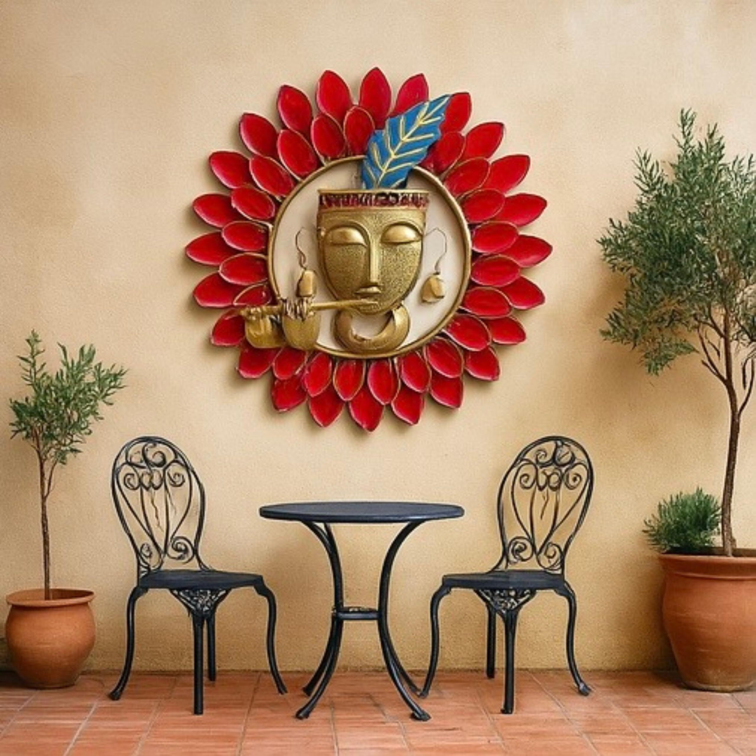 Rsn Metal Wall Hanging (Krishna Playing Flute) Size 23 Inches For Home Decoration, Red