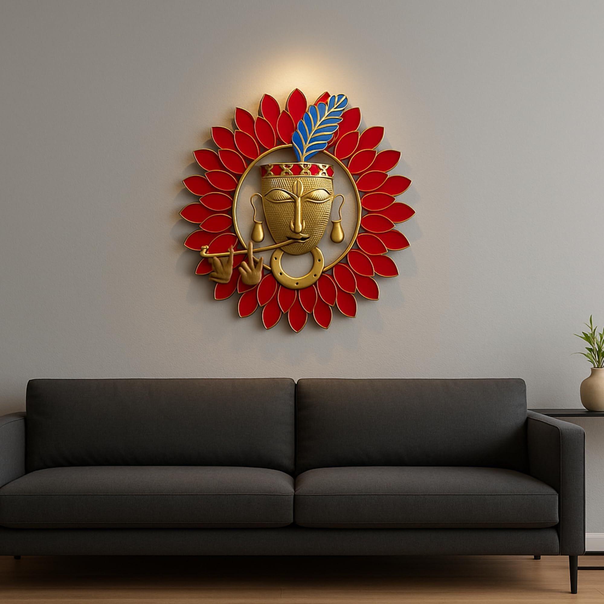 Rsn Metal Wall Hanging (Krishna Playing Flute) Size 23 Inches For Home Decoration, Red
