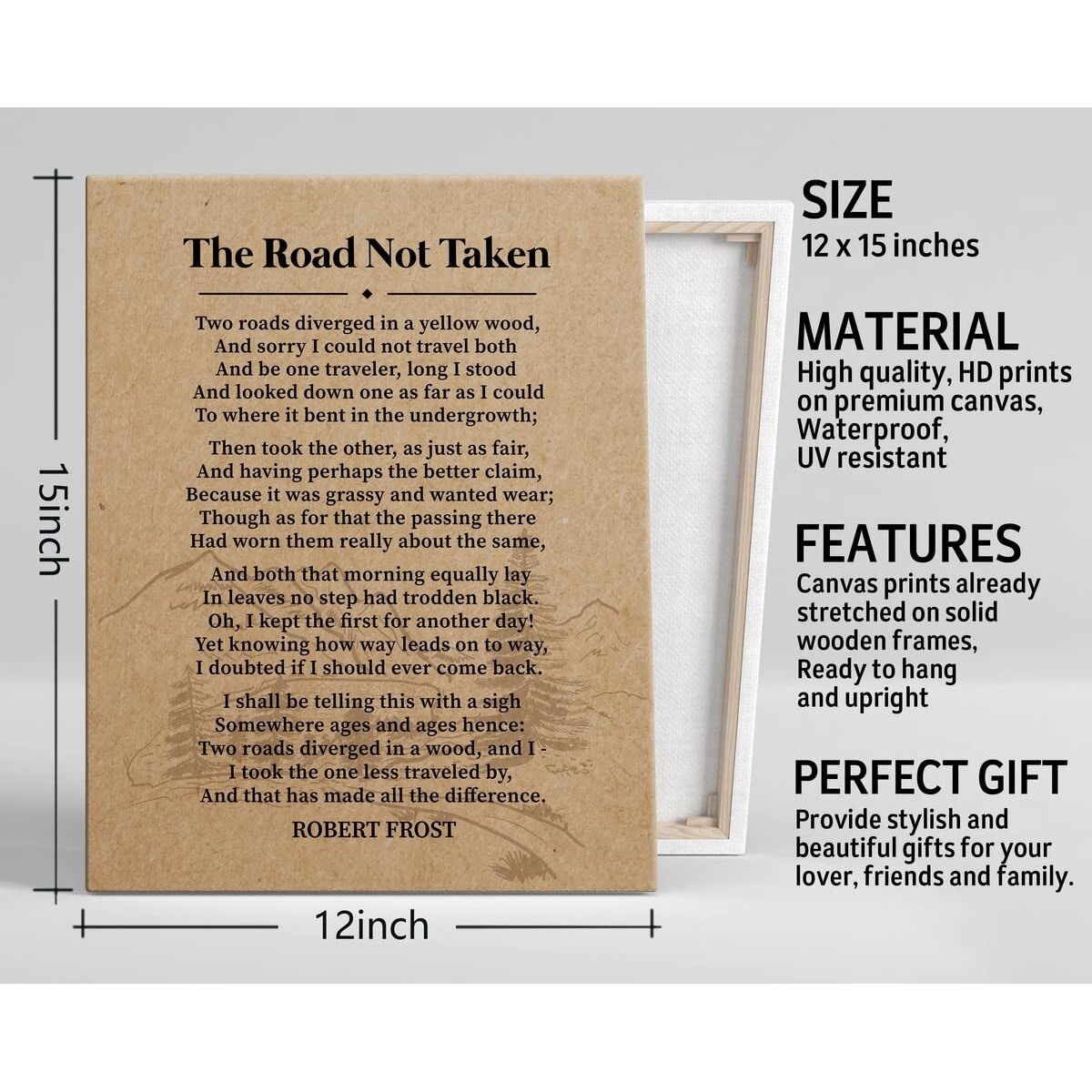 Robert Frost - The Road Not Taken Canvas Wall Art, Inspirational Motivational Quote Decor, Canvas Prints Poster Wall Art, Great Gift Decor For Men And Women Poetry Fans Home & Office 12X15