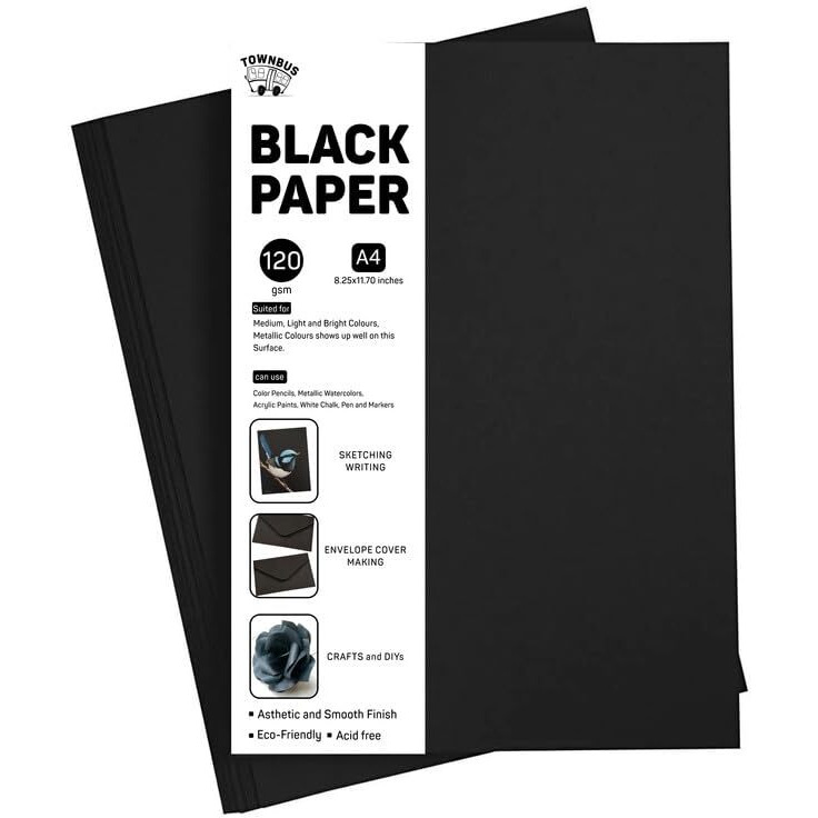 Townbus - A4 |Pack Of 50 | 120 Gsm Premium Black Paper Sheets, Writing & Drawing Paper,Arts And Crafts Projects